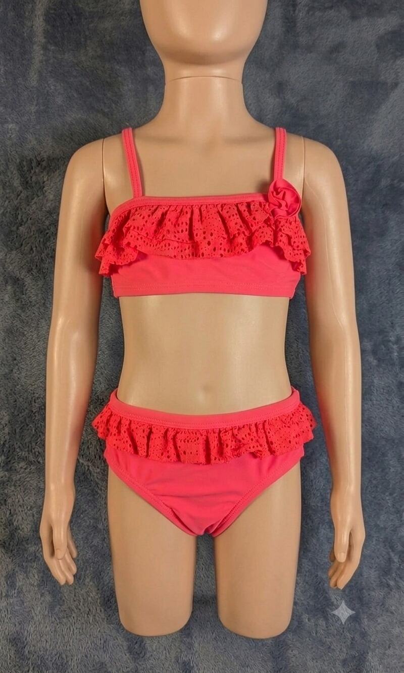 OP Girls 3T Coral Pink Bikini Swimsuit 2 Piece Ruffle Eyelet Floral Swim